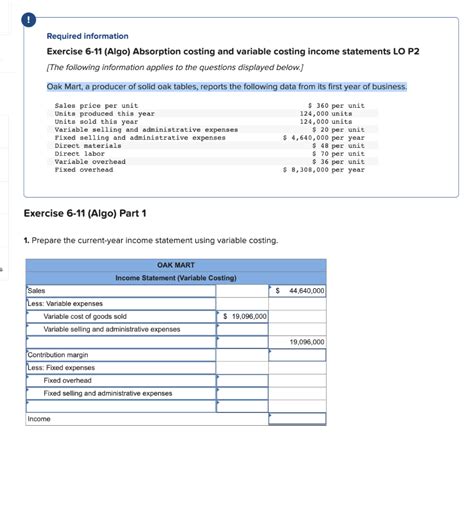 Solved Exercise 6 11 Algo Absorption Costing And Variable Chegg