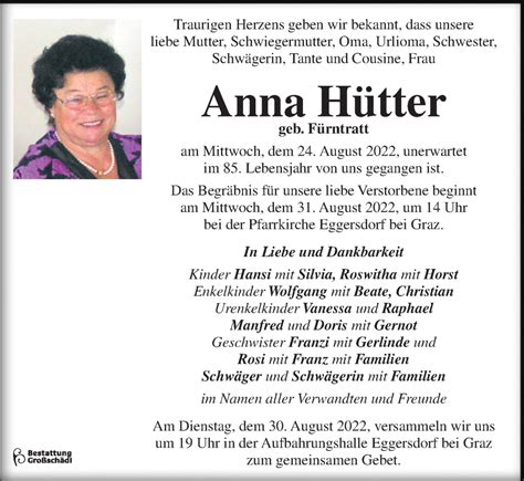 Traueranzeigen Von Anna H Tter Trauer Kleinezeitung At