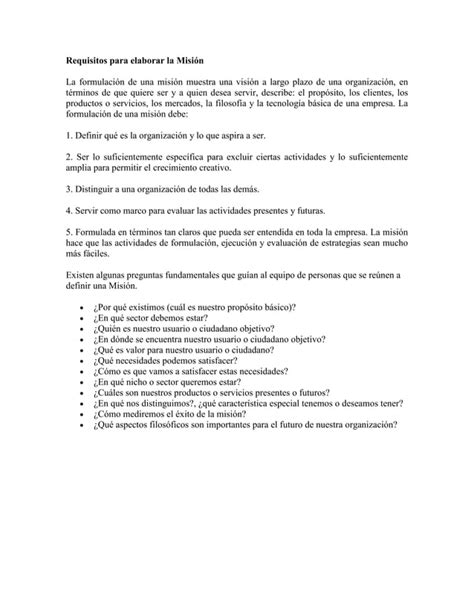 Requisitos para elaborar la misión y visiòn PDF