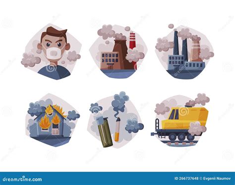 Air Pollution Sources Set Industrial Outdoor Fog Environmental