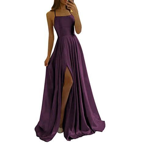 Ytianh Spaghetti Straps Satin Prom Dresses Long With Side Slit A Line