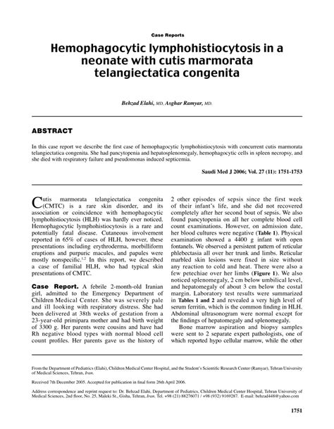 PDF Hemophagocytic Lymphohistiocytosis In A Neonate With Cutis