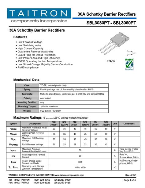 SBL3060PT Datasheet Rectifiers Equivalent TAITRON