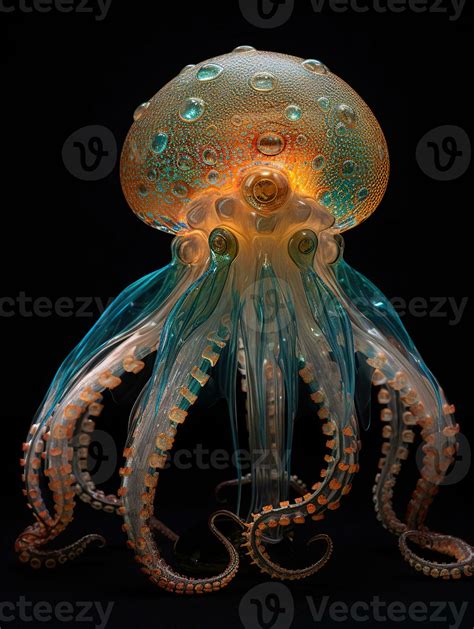 A highly detailed translucent octopus humanoid glowing from within ...