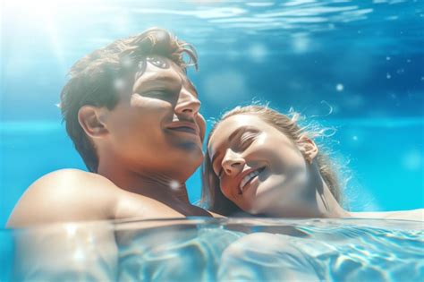 Pareja Nadando En Una Piscina Con El Sol Brillando Sobre Ellos Foto