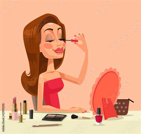 Woman Character Doing Make Up Vector Flat Cartoon Illustration Stock