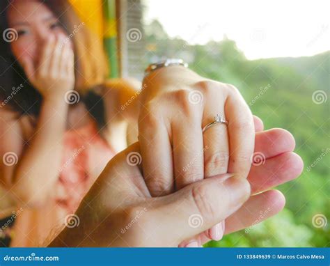 Close Up Couple Hands Man Holding Happy Fiance Hand With Diamond