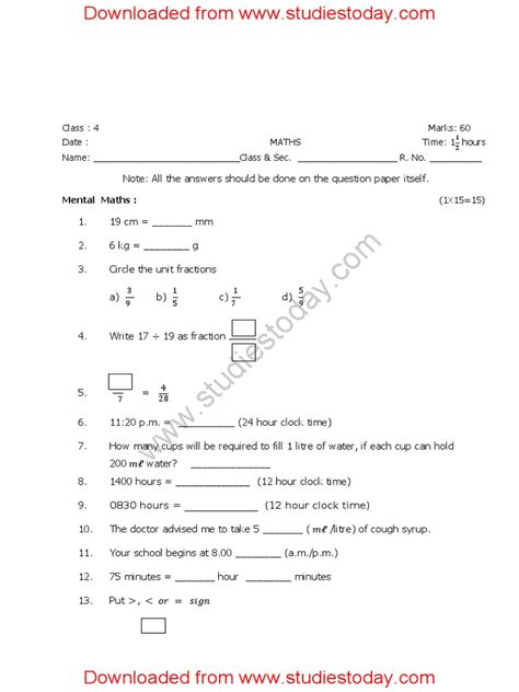 Cbse Class 4 Mathematics Sample Paper Set E 4 Pdf Download Free Pdf Fraction Mathematics