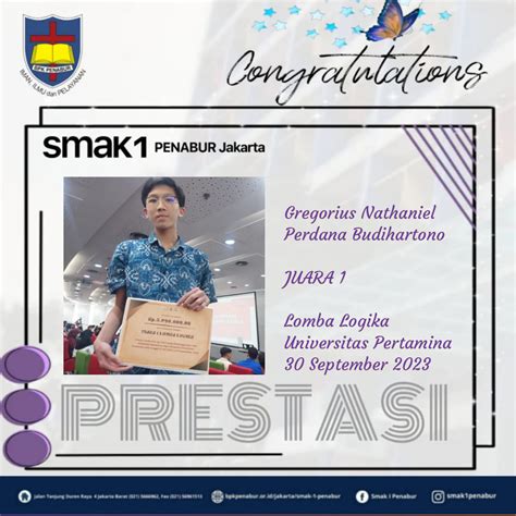 Prestasi Peserta Didik Smak Penabur Jakarta Atas Nama Gregorius