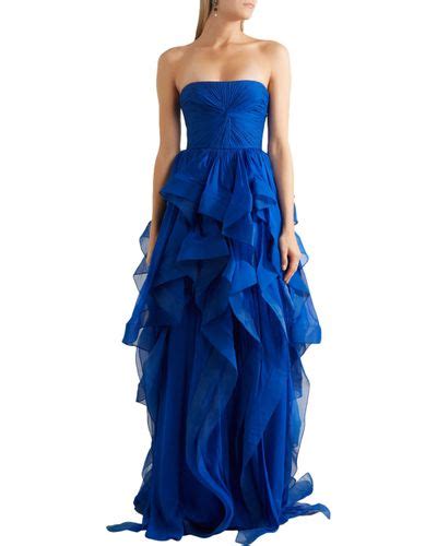 Reem Acra Strapless Ruffled Silk Chiffon Gown In Bright Blue Blue Lyst