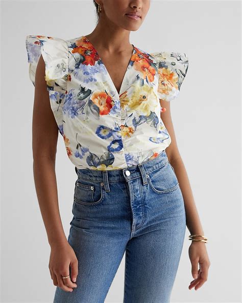 Express Floral V Neck Flutter Sleeve Ruched Top In Multi Express Style Trial