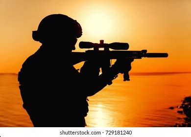 Army Soldier Rifle Orange Sunset Silhouette Stock Photo 729181240 ...