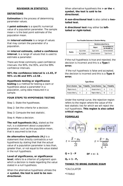 Reviewer IN Statistics REVIEWER IN STATISTICS DEFINITIONS Estimation