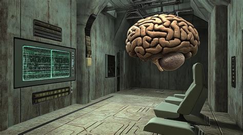 A Human Brain Floats In A Futuristic Room With A Screen Displaying Data