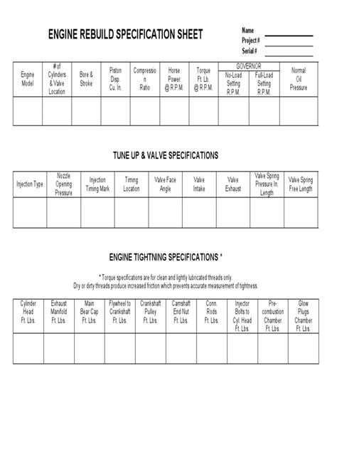 Engine Rebuild Specification Sheet Tune Up And Valve Specifications