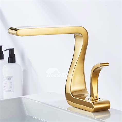 Polished Gold Bathroom Sink Faucets Single Handle Luxury Brass White ...