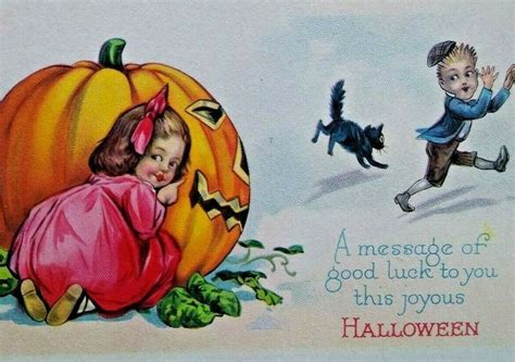 Halloween Postcard Children Playing Black Cat Stecher 1290 D Unused