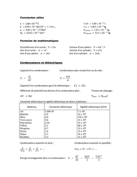 AIDE MÉ Moire E2 A2023 Constantes utiles e 1 6 0 x 10 19 C 1 eV 1