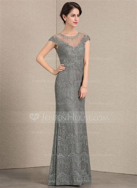 Sheath Column Scoop Neck Floor Length Lace Evening Dress With Beading