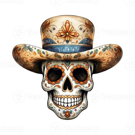 Festive Sugar Skulls Adorned With Colorful Hats 44175425 Png