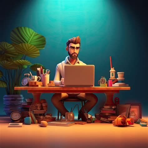 Ilustração 3D do personagem masculino trabalhando na mesa o laptop