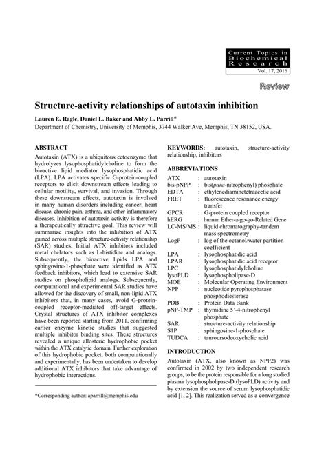 Pdf Structure Activity Relationships Of Autotaxin Inhibition