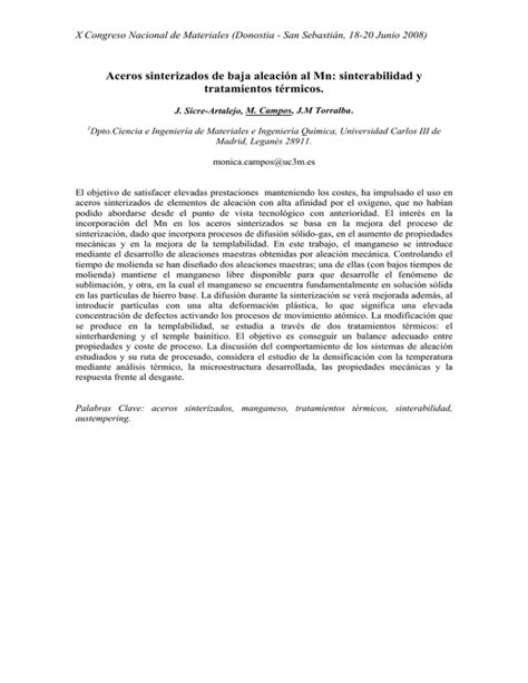 Aceros sinterizados de baja aleación al Mn sinterabilidad y