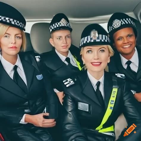 Hyperrealistic Depiction Of Blonde British Policewomen In A Police Car