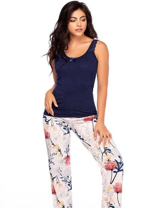 Paola Lace Straps Navy Blue Top And Flower Printed Pant Pj Set