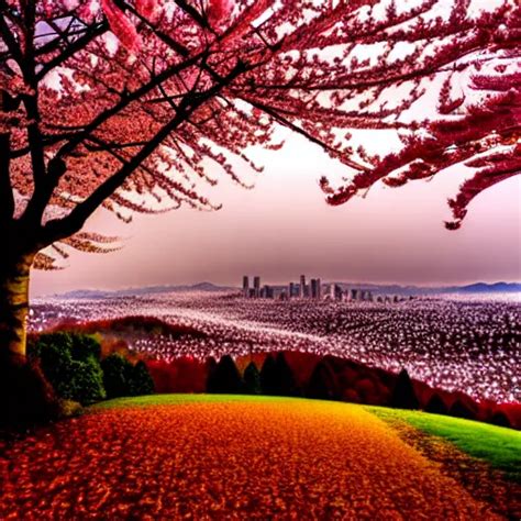 Cherry Blossom Tree In Autumn Covered Forested Hills Openart