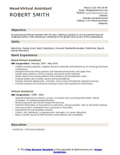 Virtual Assistant Resume Samples Qwikresume