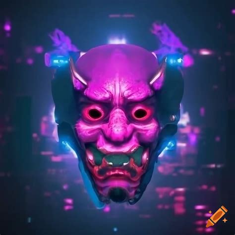 Futuristic Cyberpunk Oni Mask In A Night City