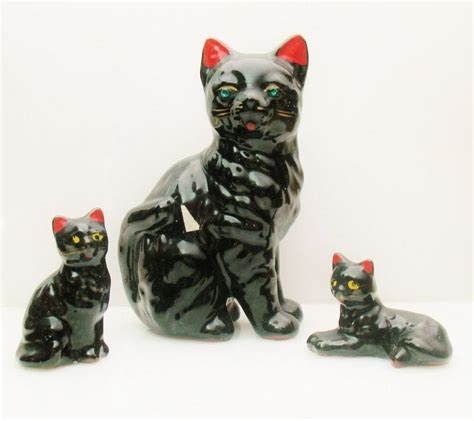 3 Vtg Artmark Japan Black Cats And Kittens Glazed Porcelain Rhinestone