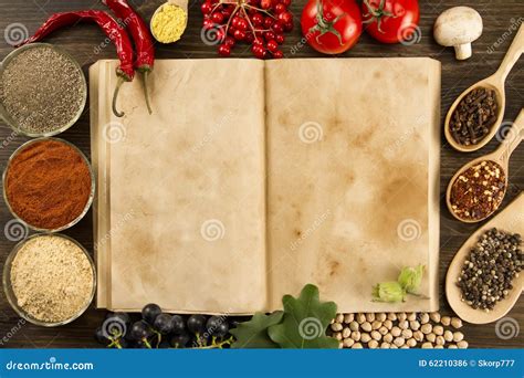 Open Vintage Book With Spices On Wooden Background. Healthy Vegetarian ...