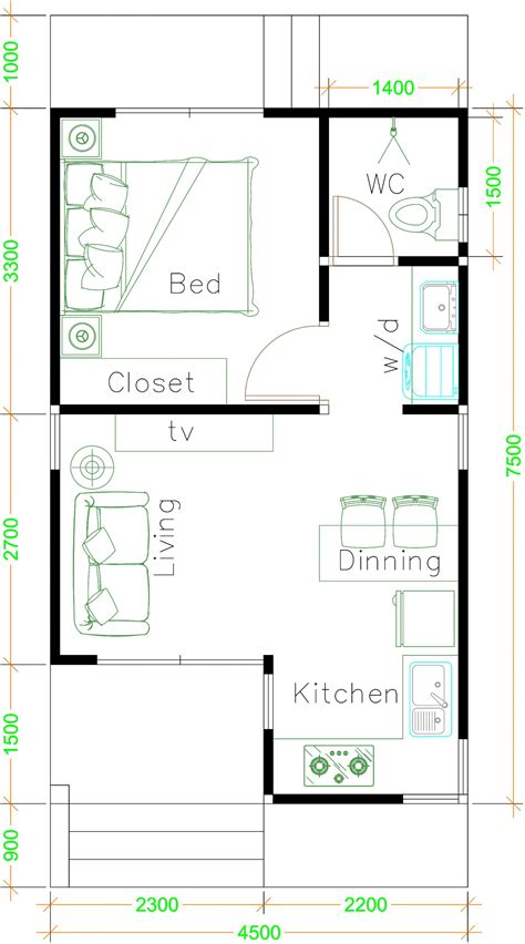 Small House Plans 4.5x7.5 Shed Roof - House Design 3D