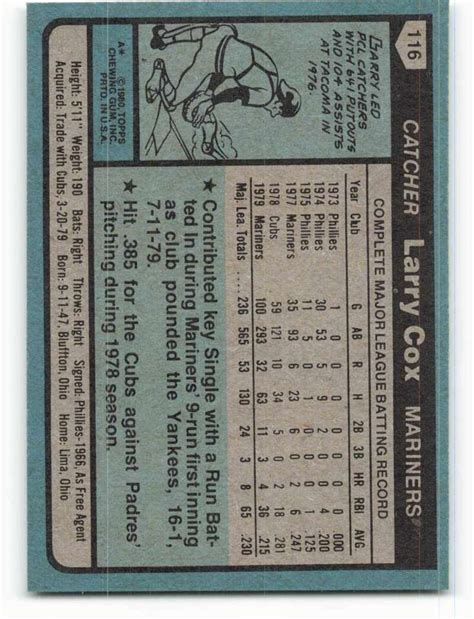 1980 Topps 116 Larry Cox NM Mariners ID 255565 EBay