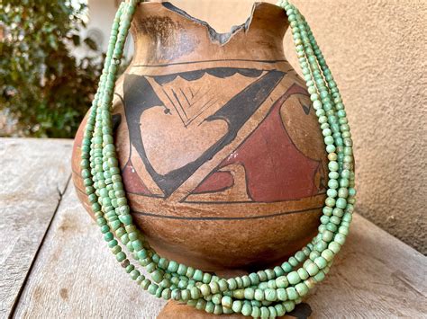 Vintage Five Strand Green Turquoise Heishi Bead Necklace 32 Curved