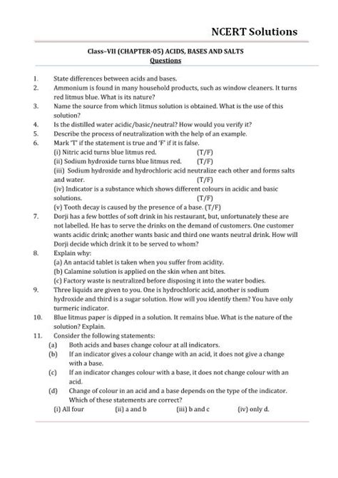 Ncert Solutions For Class 7 Science Chapter 5 Acids Bases And Salts