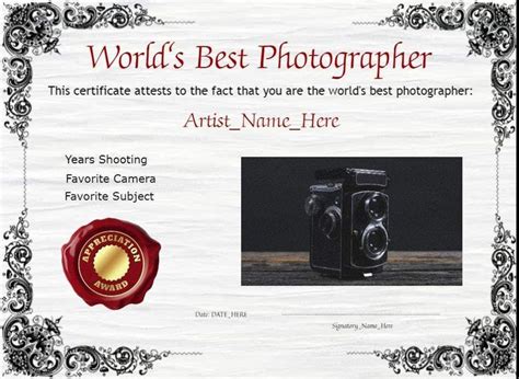 Personalized Worlds Best Photographer Certificate Award World Best