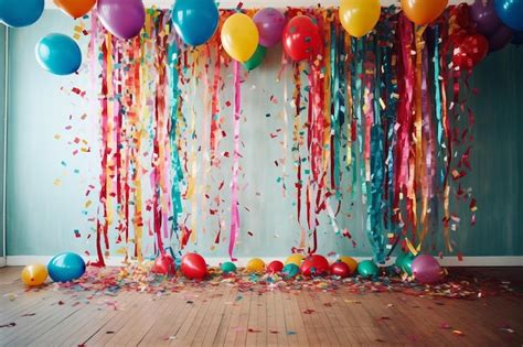 Premium AI Image | balloons with streamers and streamers on the wall