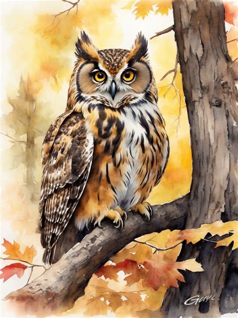 An Owl Sitting On Top Of A Tree Branch With Leaves Around Its Neck And