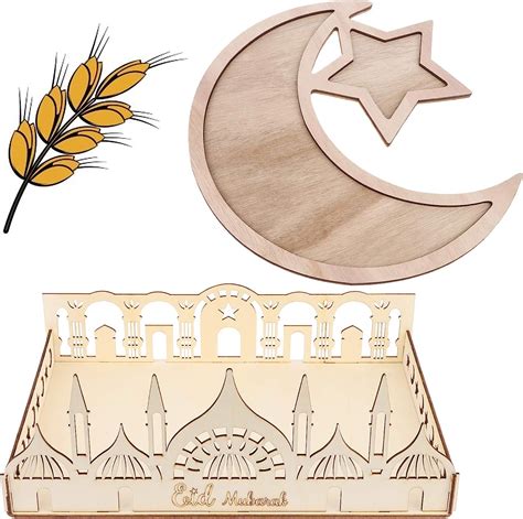 Obangong Pcs Ramadan Wooden Tray Eid Plates For Home Eid Mubarak Food