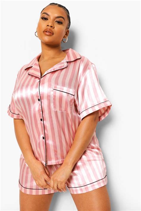 Plus Candy Stripe Satin Pajama Short Set Boohoo