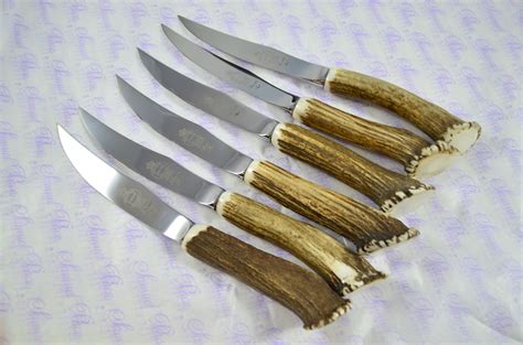 Six Full Crown Genuine Stagantler Handle Steak Knives Made Sheffield