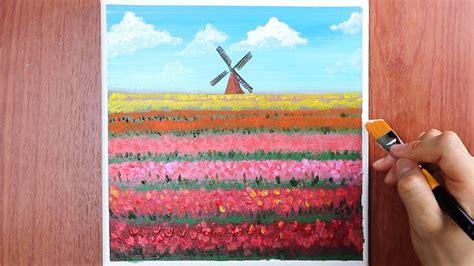 Tulip Flowers Field Landscape L Acrylic Painting On Mini Canvas For