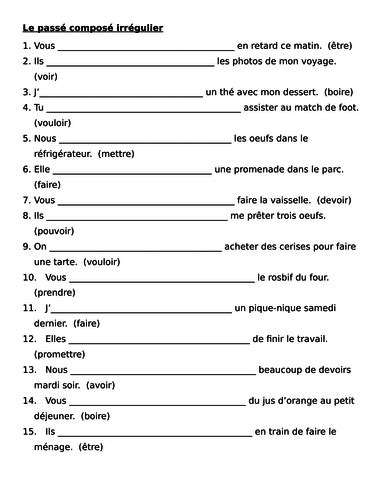 Passé Composé French Irregular Verbs Worksheet 8 Teaching Resources