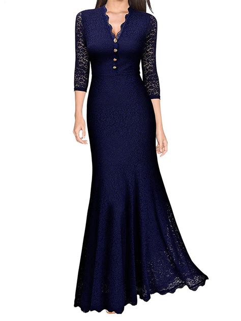 Women Lace V Neck Fishtail Prom Long Maxi Dress Retro Evening Party