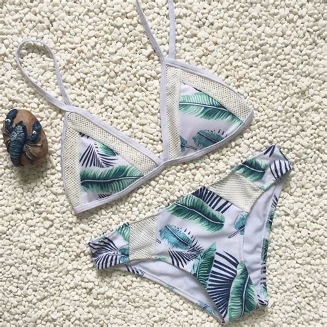 Green Print Bikini With Mesh Inset Triangle Top Brazilian Cut Scrunch