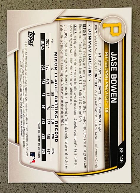 2023 Bowman 1st Prospects Baseball MLB BP 146 Jase Bowen Base Card