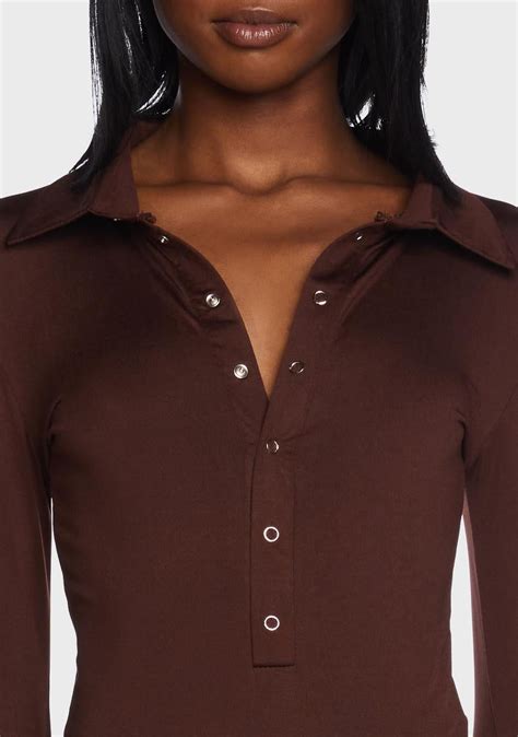 Collared Button Up Long Sleeve Bodysuit Brown Dolls Kill